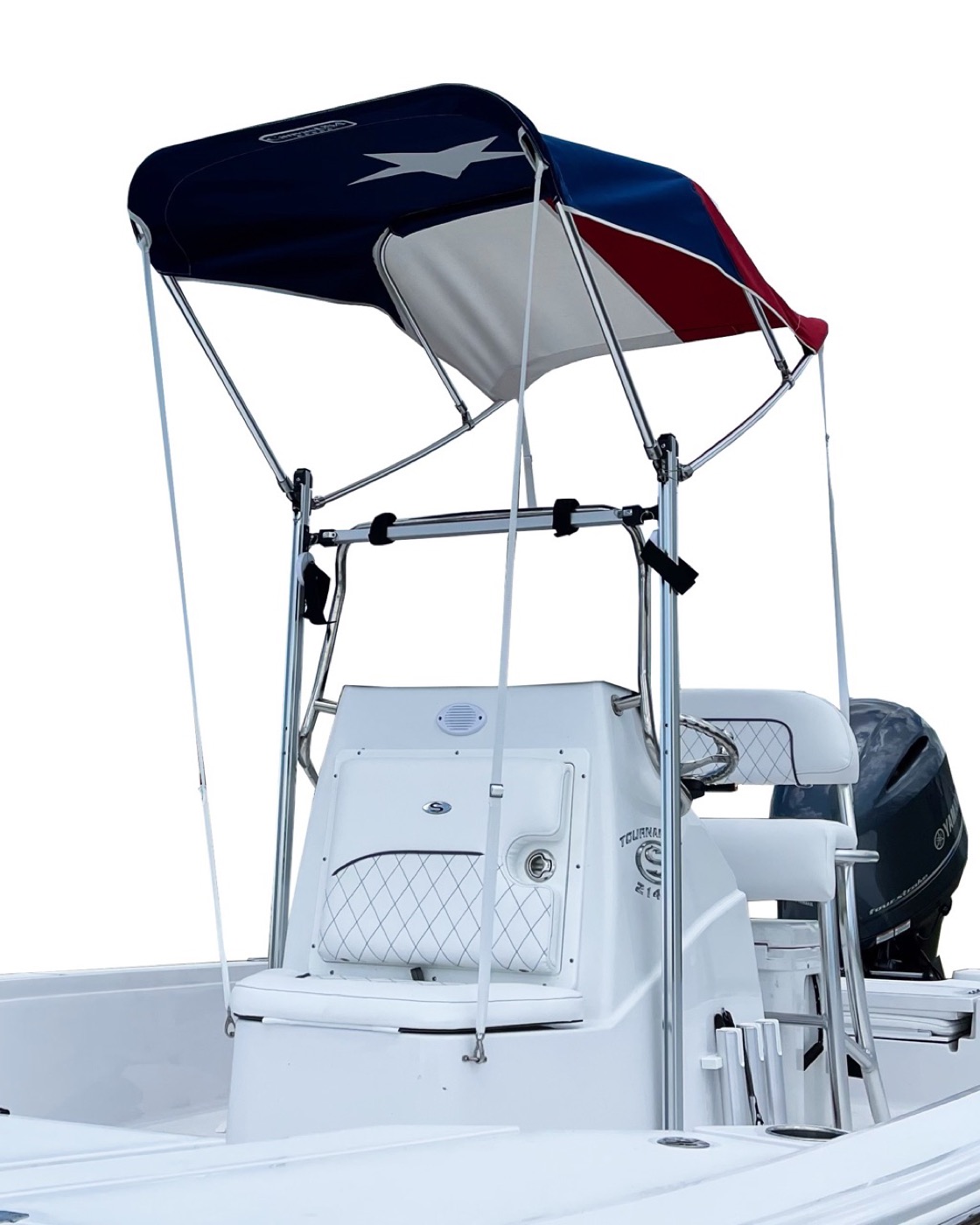 Bimini T shade up, canopy deployed over the console